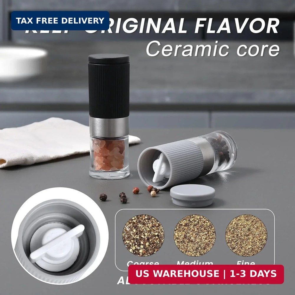 Mini Salt and Pepper Grinder Set, Small Tiny Adjustable Coarseness Ceramic Salt