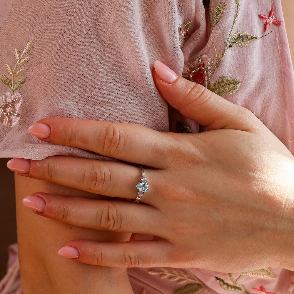 March Birthstone Blue Aquamarine Ring , Solid 925 Sterling Silver Promise Ring