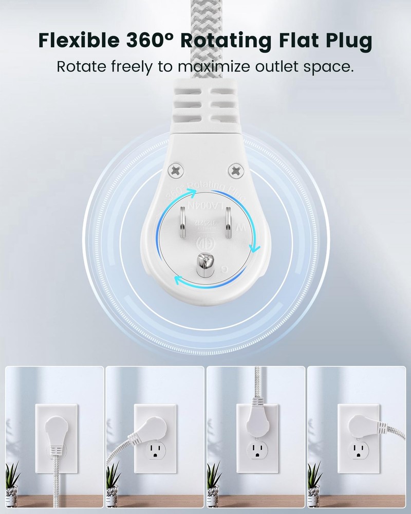 20 ft 360 Rotating Flat Plug Extension Cord with 3 Outlets Braided White