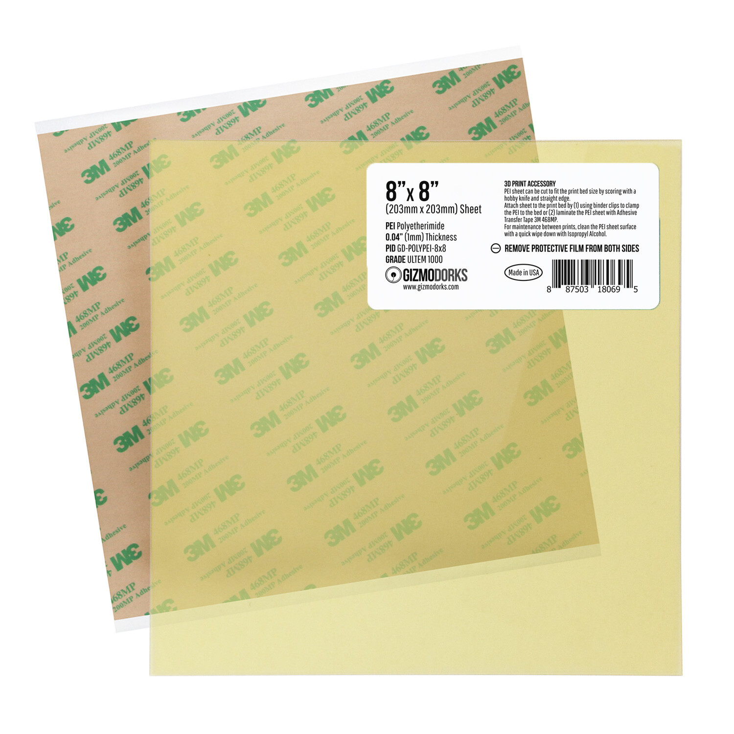 Gizmo Dorks PEI Sheet 1mm Thick 3D Printer Build Surface Ultem 1000, Made in USA