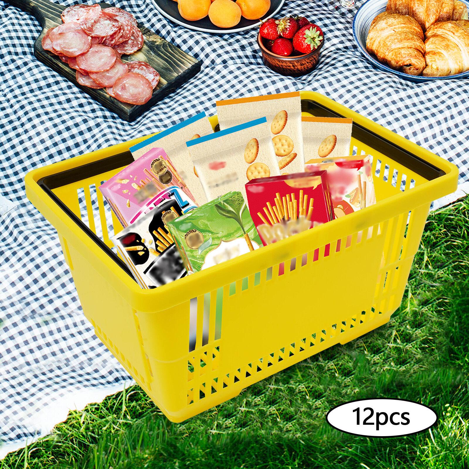12PCS Shopping Baskets Retail Merchandise Supermarket Handles 28L