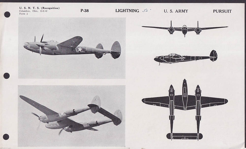 US Naval Training School Aircraft Recognition sheet 1942 Lockheed P-38 Lightning