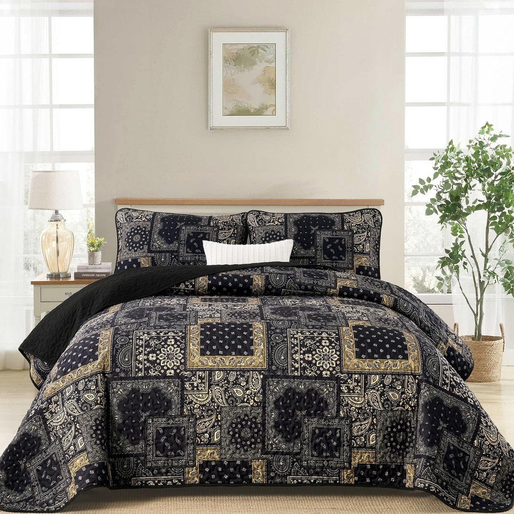 Cottolester Boho Patchwork Quilt Set Queen Size,Black Gold Fall Bedspread,Pai...