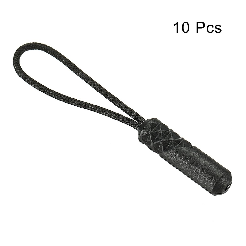Zipper Pulls Extension Handle Cord, 10 Pack Plastic Cylindrical Head, Black