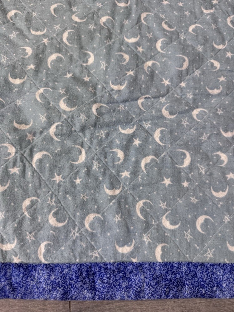 Handmade Modern Quilt Blue Celestial Wizard 9 Square Flannel Back Queen Signed