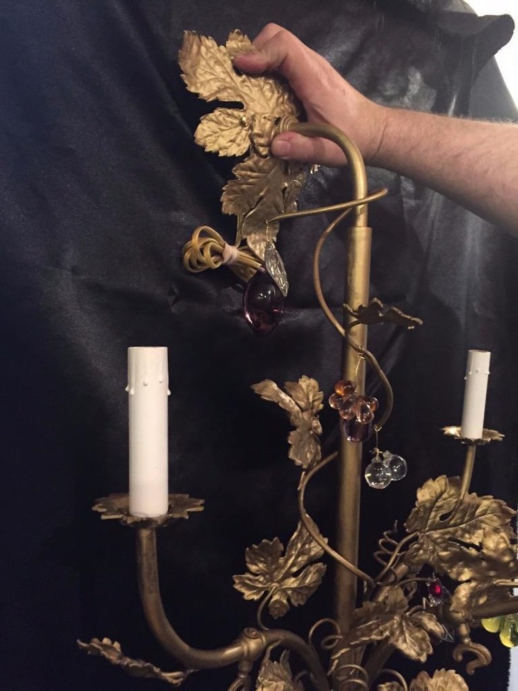 FRENCH ANTIQUE SOLID BRASS GRAPE LEAVE SCONCE WITH MULTI COLOR FRUIT CRYSTALS