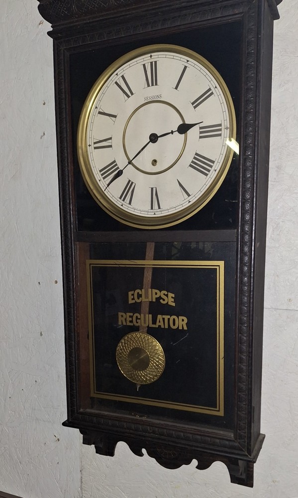 ANTIQUE SESSIONS SHOP REGULATOR "ECLIPSE" WALL CLOCK PENDULUM & KEY WORKING