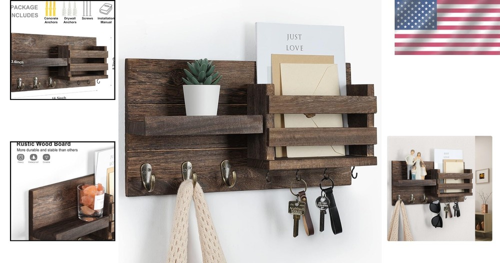 Rustic Wall-Mounted Mail Organizer & Key Holder with 7 Hooks – Easy Install