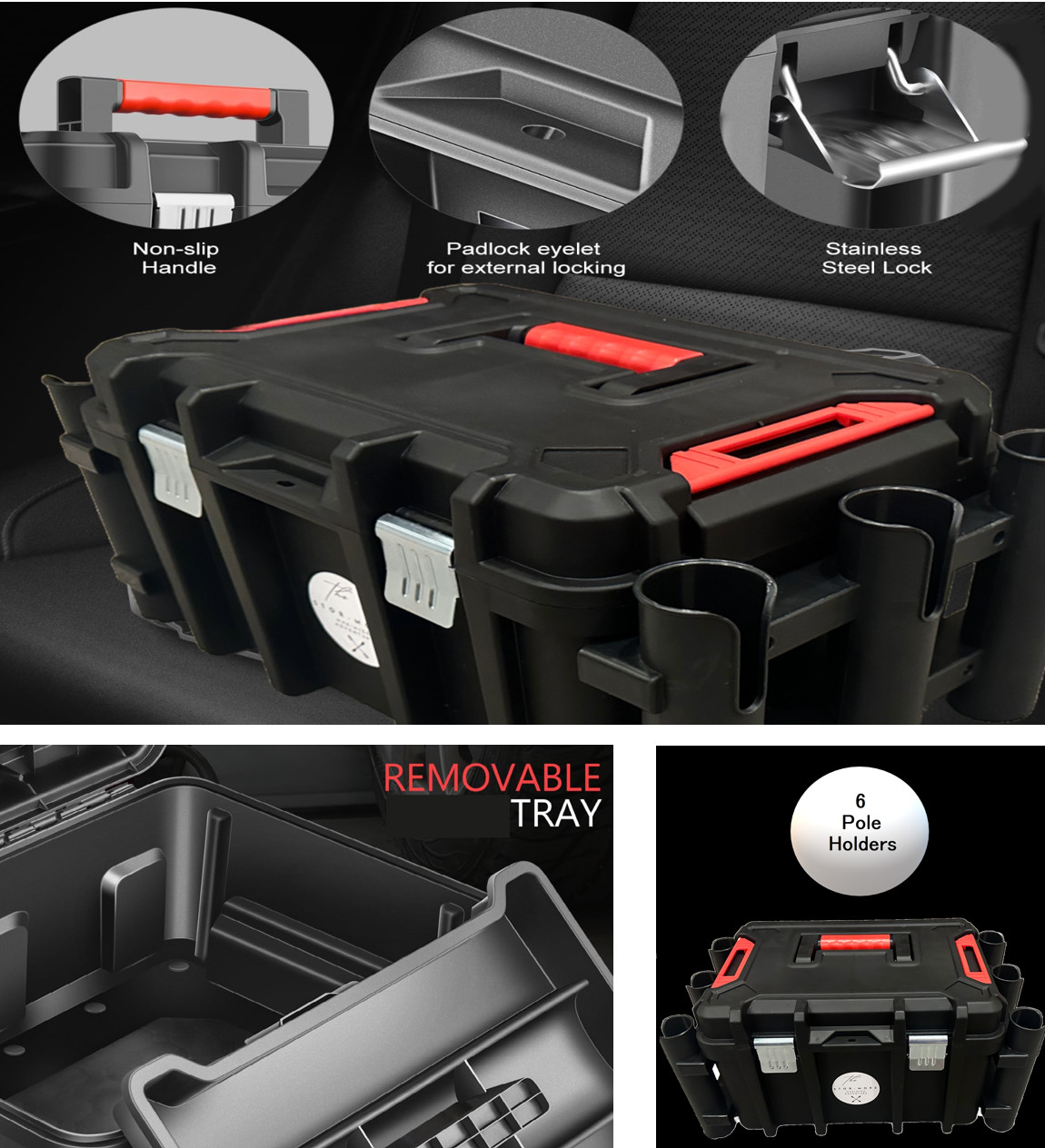 Kayak Fishing Crate -6 Integrated Rod Pole Holders, Tackle Box Storage, Lockable