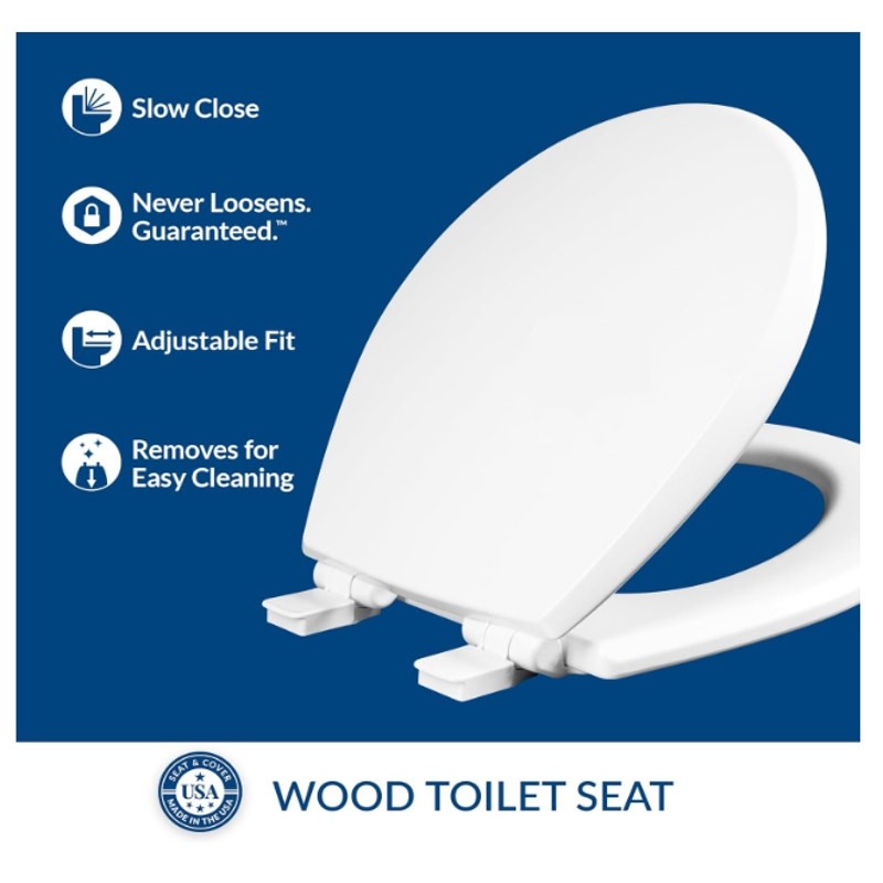 Mayfair Cassel Slow Close Toilet Seat, ROUND, Non Slip Premium Wood Seat