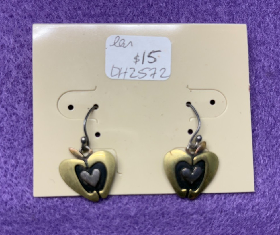Pierced Brass Colored Earrings Apple with Heart Inside