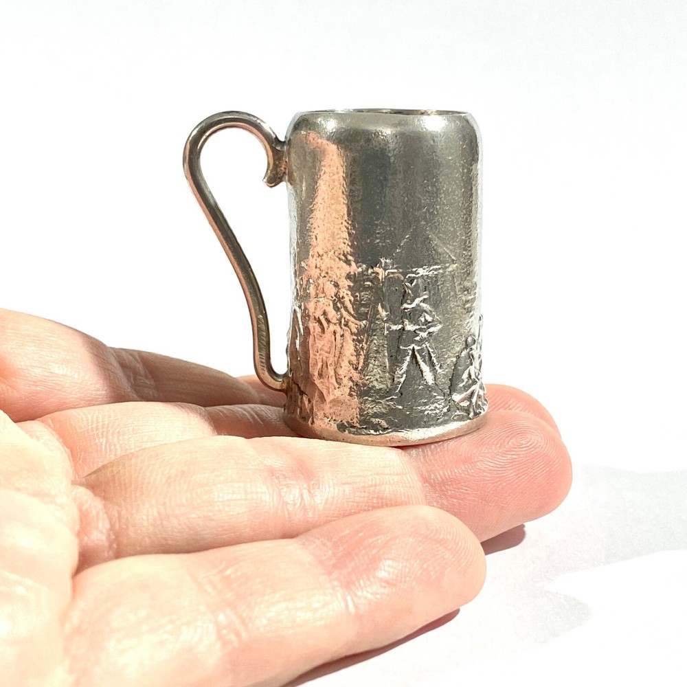 vintage heavy solid silver beer mug miniature with ancient scenes, hallmarked