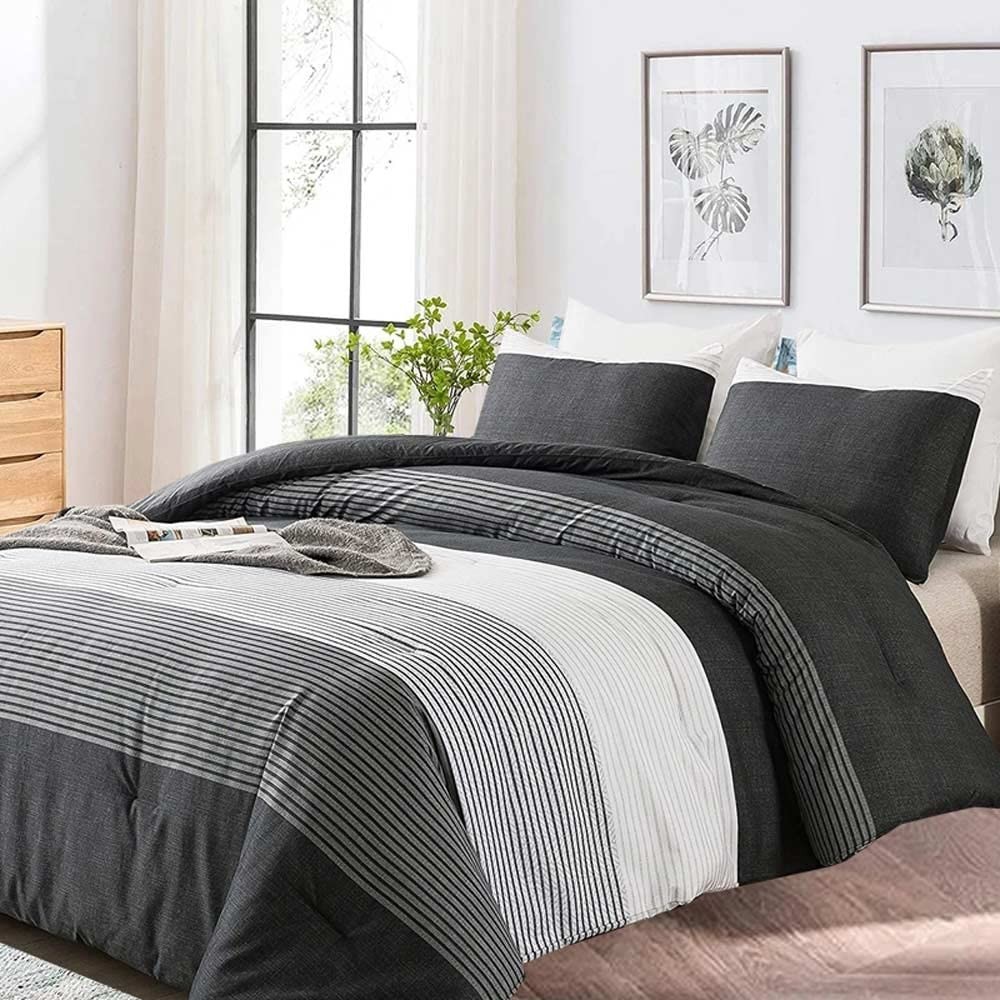 Faincy King Comforter Set, Grey & Black Patchwork Stripe Pattern Print Reversibl