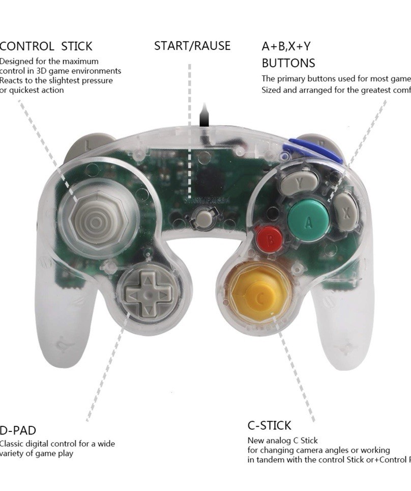 Clear Wired NGC Controller Gamepad For Nintendo GameCube GC & Wii U Console