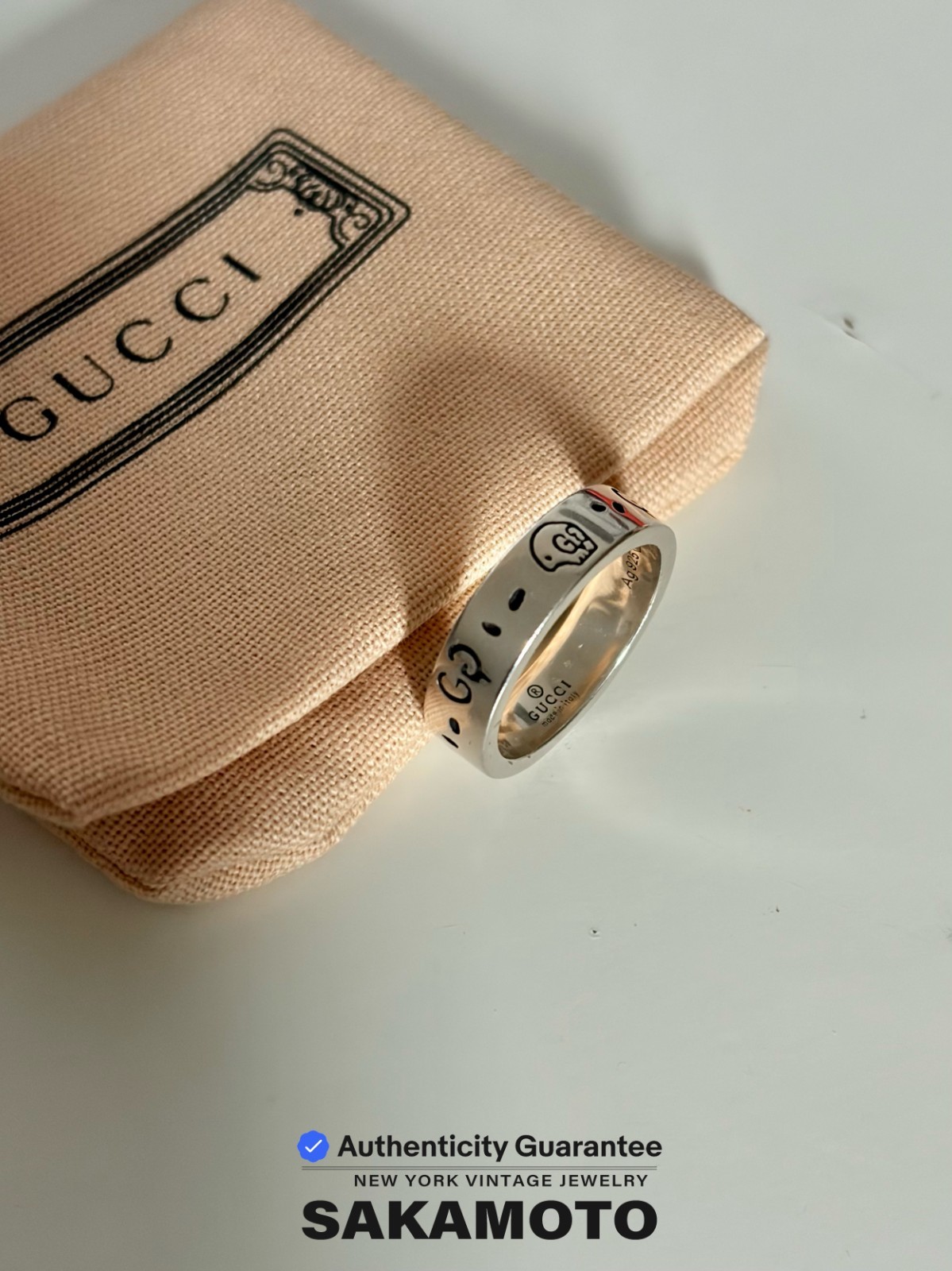 GUCCI GG Ring Ag925 Unisex Sterling Silver Ghost Ring 6MM-Size US 8