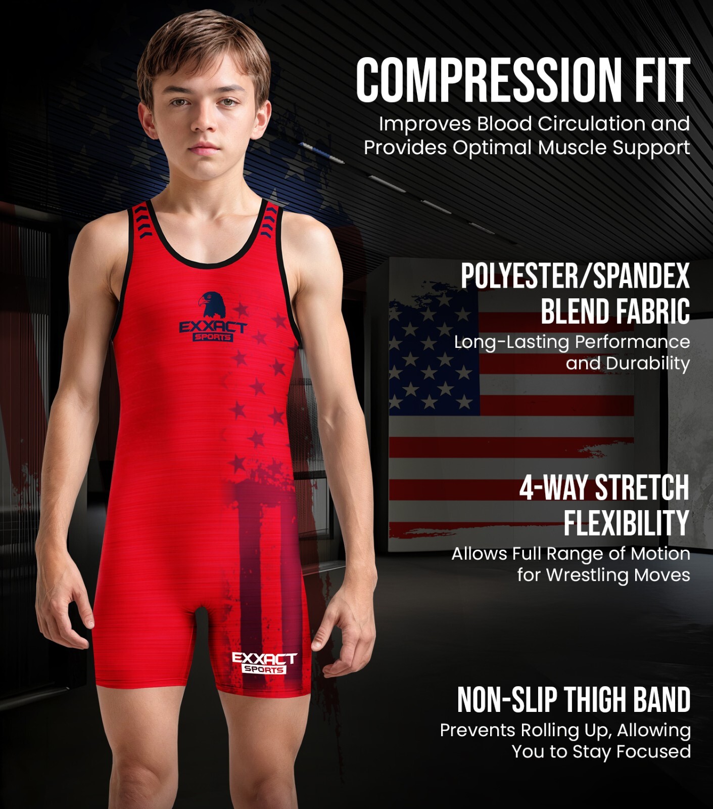 Exxact Sports Patriot Youth Wrestling Singlet For Boys, Kids Wrestling Singlets
