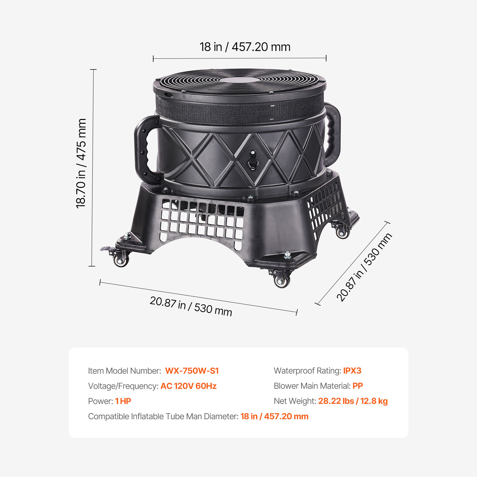 750W Electric Air Blower Fan Inflatable Dancer Wind Wavy Tube Man Puppet 1HP 18"