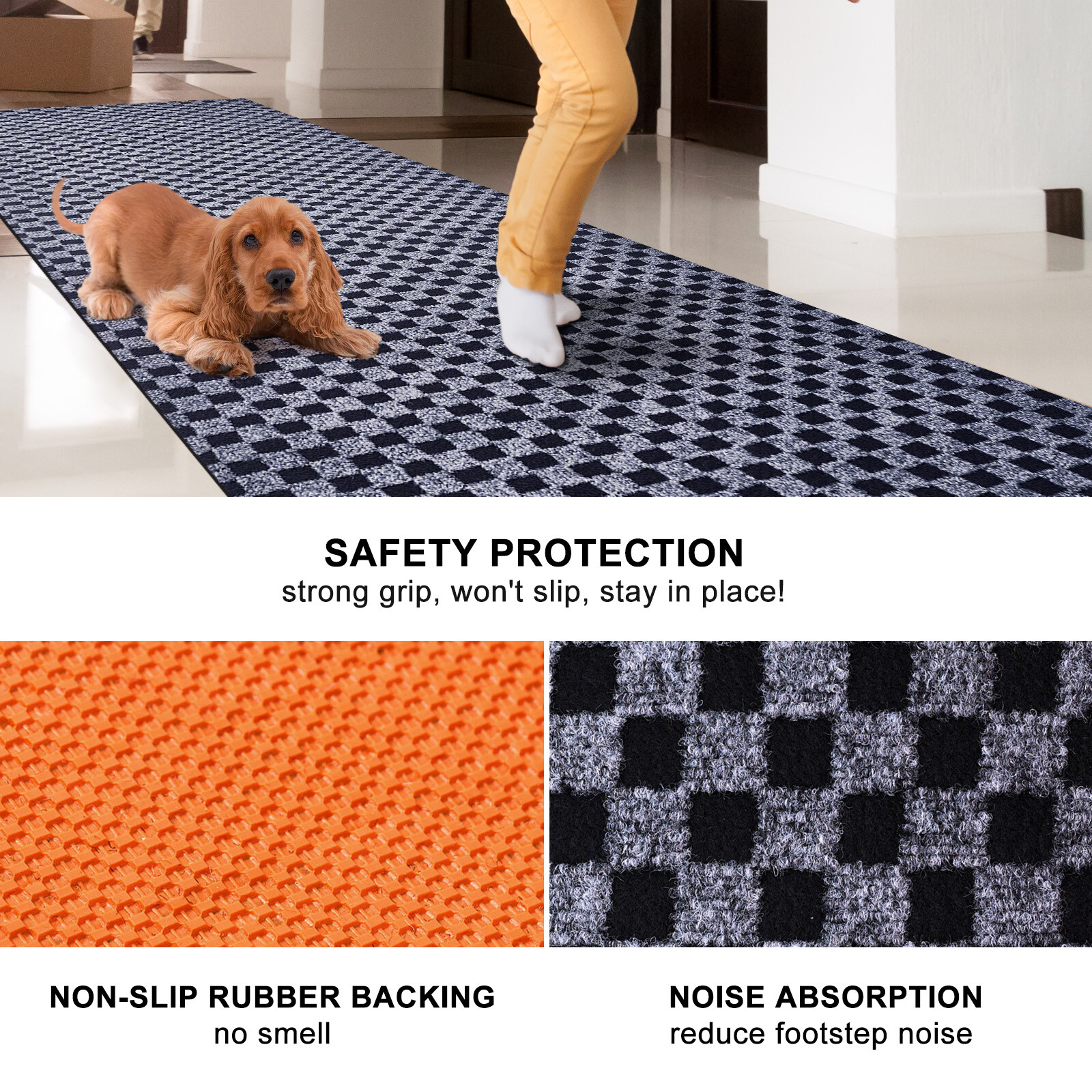 Runner Rug Hallway Non Slip Rubber Back Custom Size as Carpet Doormat Checkered