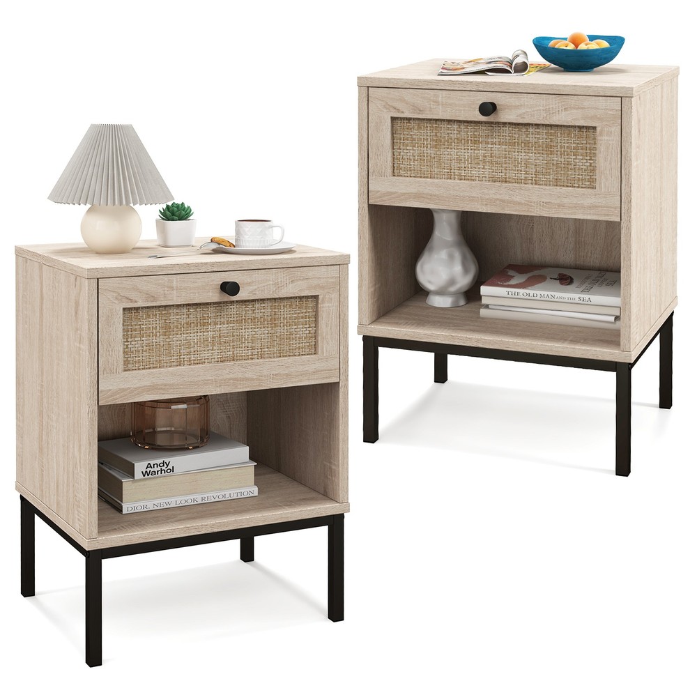 2 PCS Boho Style Nightstand Compact End Table w/Rattan Drawer & Open Shelf