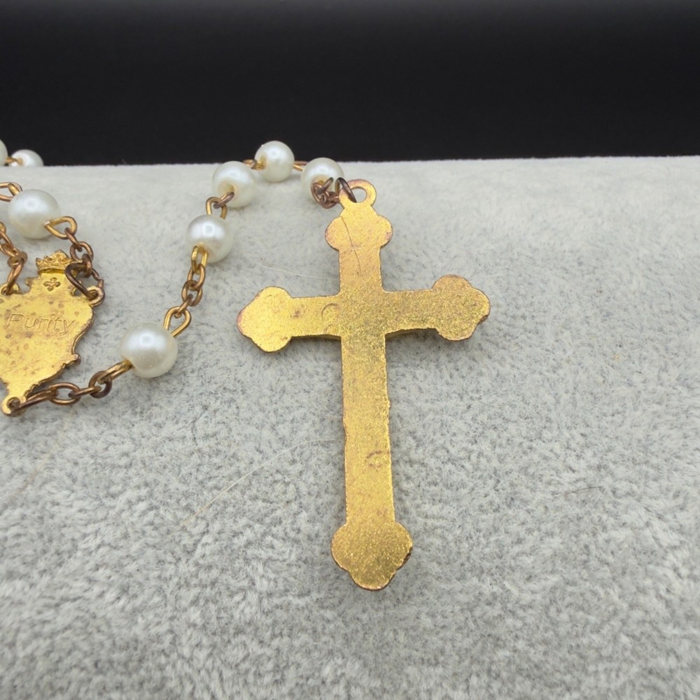 Vintage Catholic Rosary With Gold-Tone Cross & White Beads READ