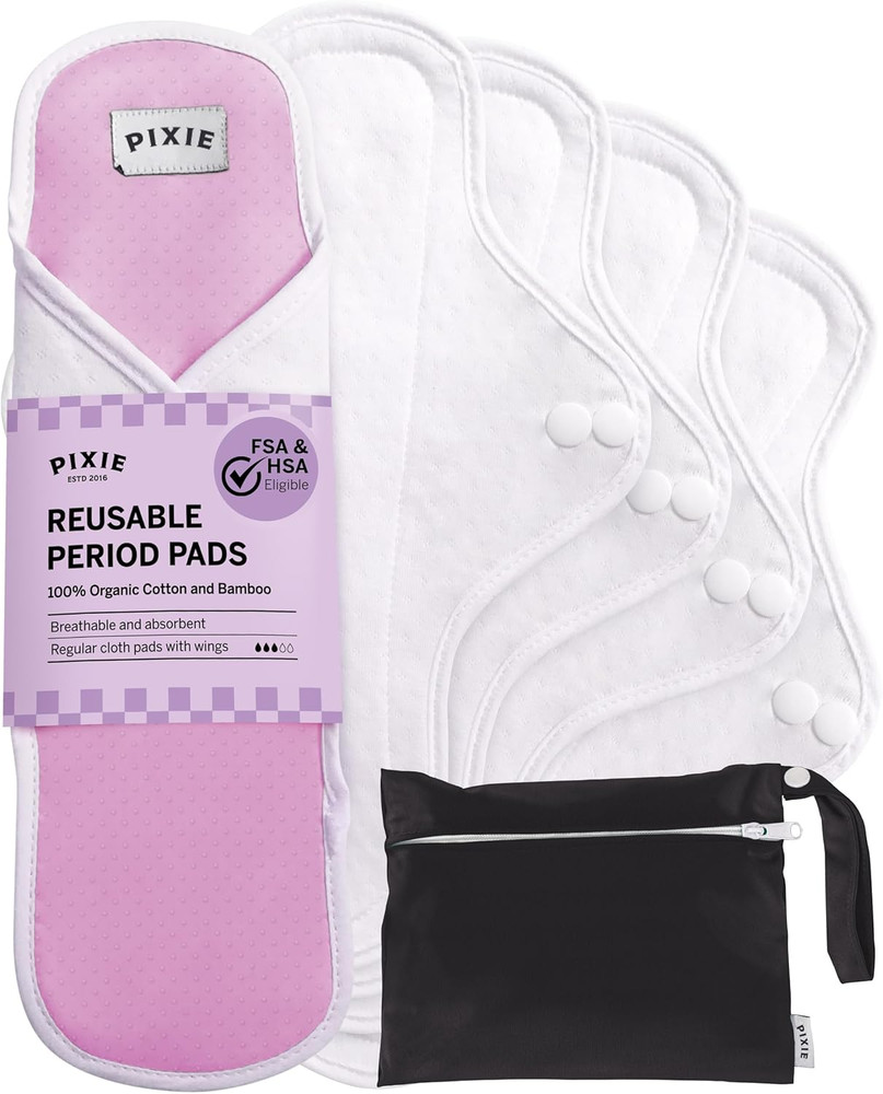 Pixie Organic Cotton Cloth Menstrual Pads - Reusable Regular Absorbency 5 Pack -