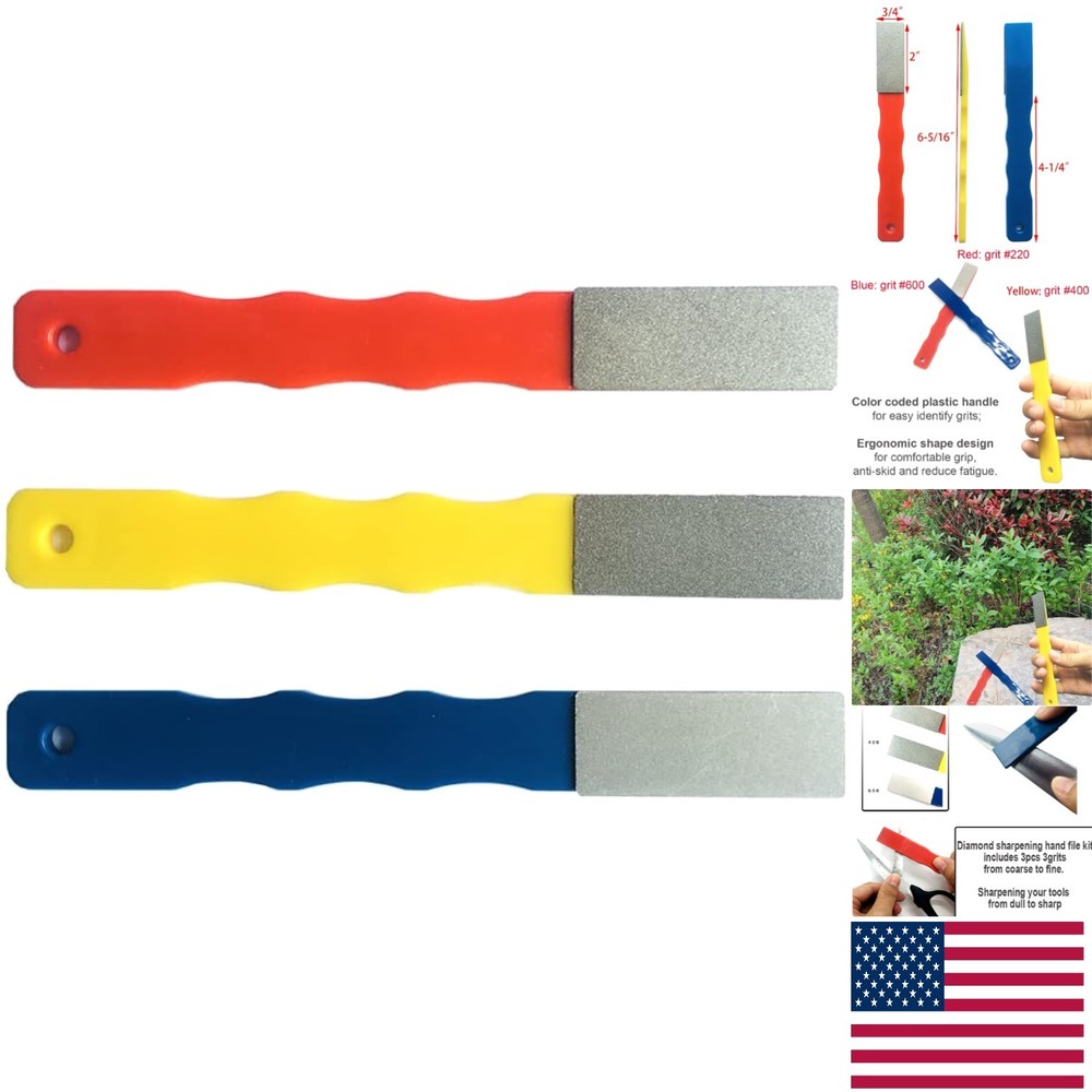 Diamond 3 Grit Hand File Sharpener Set in Red, Yellow & Blue - Precision Tools
