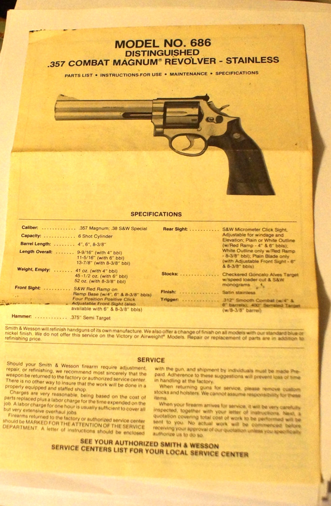 Original SMITH & WESSON MODEL NO. 686 DISTINGUISHED .357 COMBAT MAGNUM MANUAL