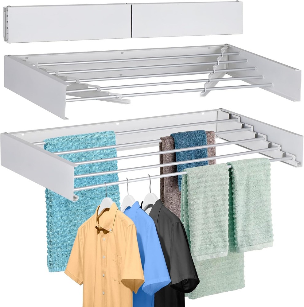 Wall-mounted drying rack, foldable, with 5 aluminum rods and drilling template