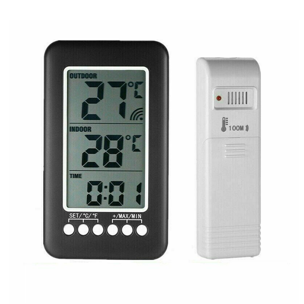 LCD Digital Thermometer Clock Indoor/Outdoor ℃/℉ Wireless Temperature Meter