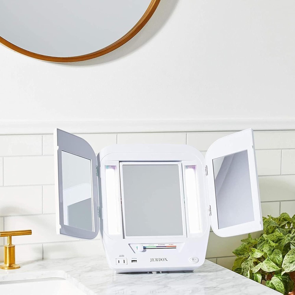 Modern Lighted Tri-Fold Makeup Mirror -with 5x Magnification and Multiple Lights