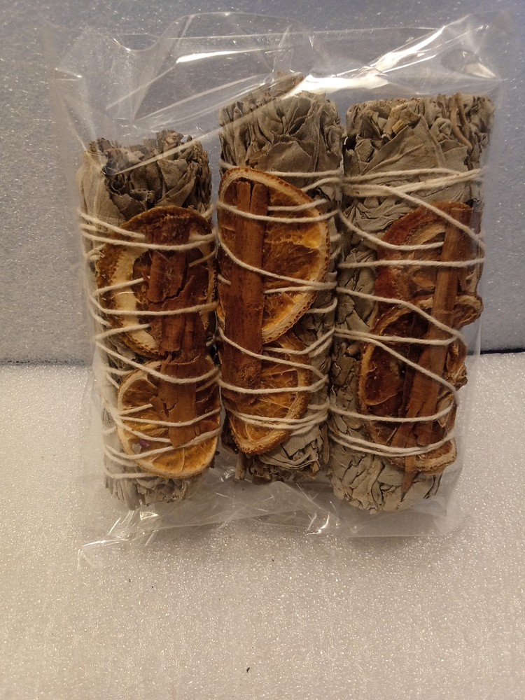 3 PCS  4″ White Sage w/ Orange & Cinnamon Smudge Stick Bundle  OS1