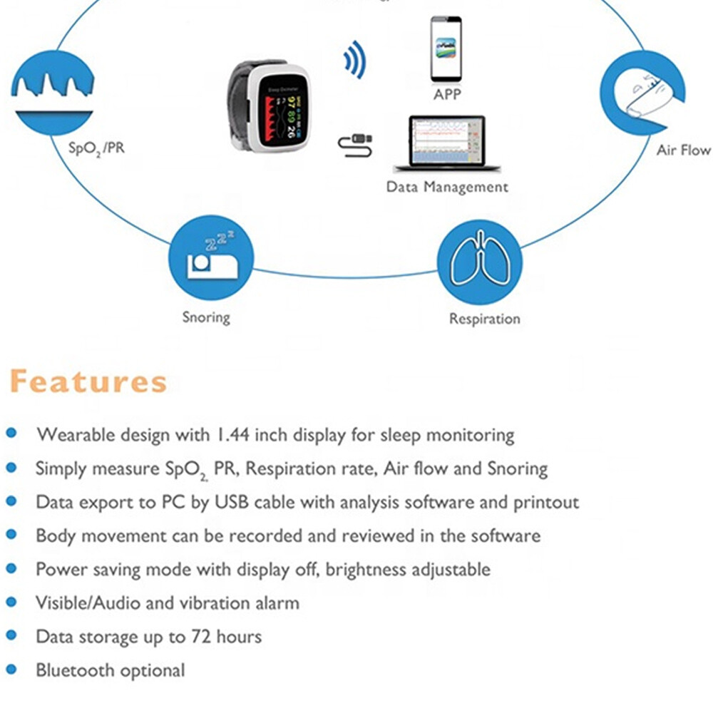 Wrist PulseOximeter with Alarm measure SpO2,PR,Respiration rate,Oronasal Airflow