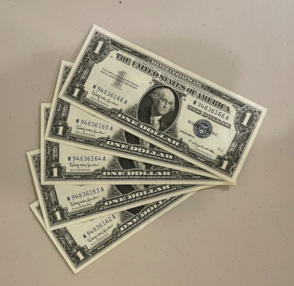Consecutive 1957 One Dollar Blue Seal Note Silver Certificate Bill $1 Sequential