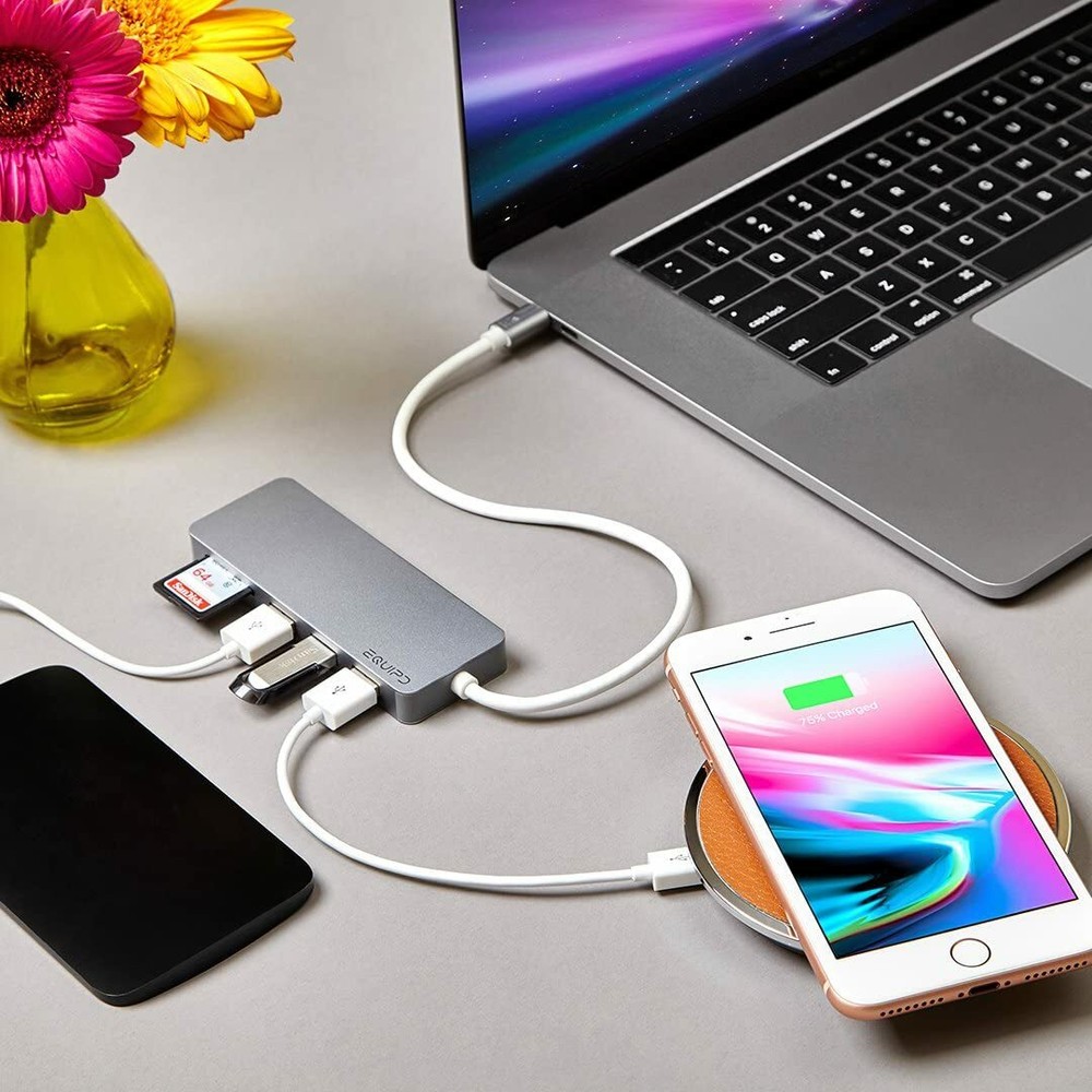 EQUIPD Aluminum USB C Hub Type-C Adapter 3 USB 3.0 & Card Reader for Macbook Pro