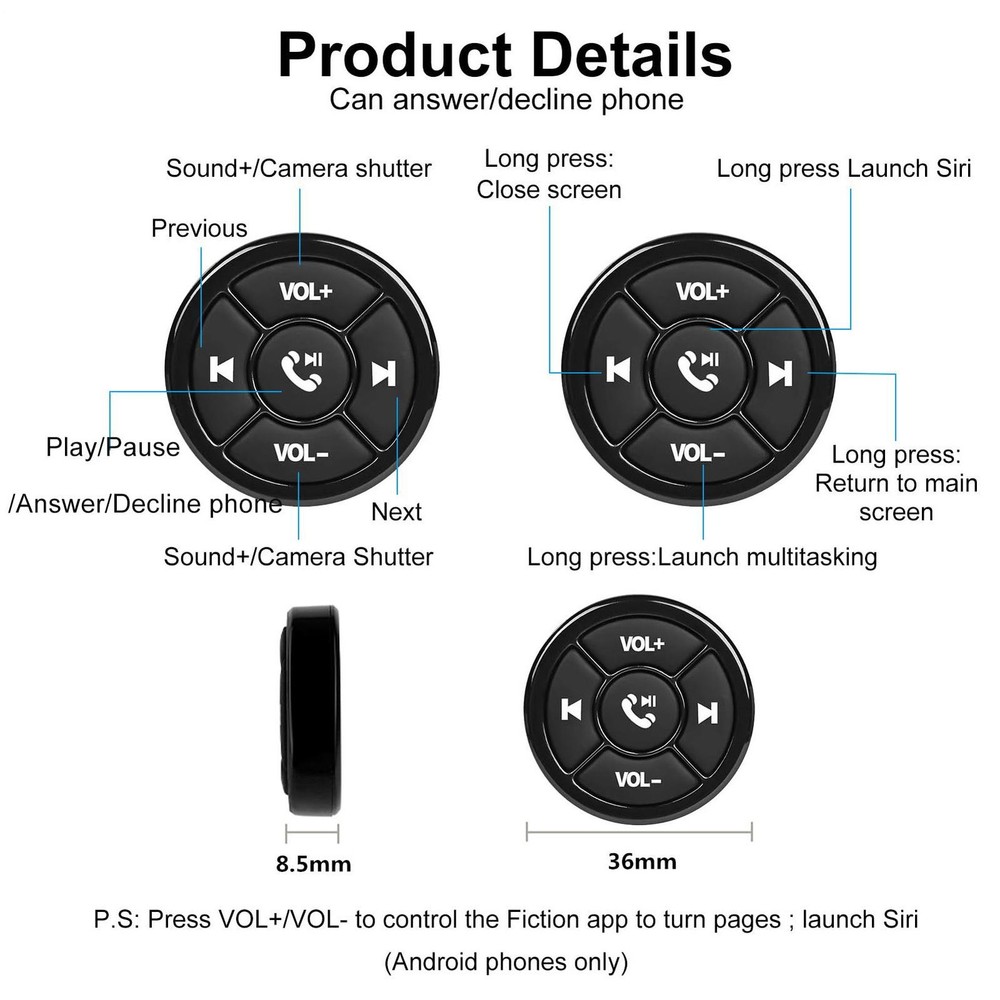 Bluetooth Wireless Media Button Car Steering Wheel Remote Control for Motorcycle