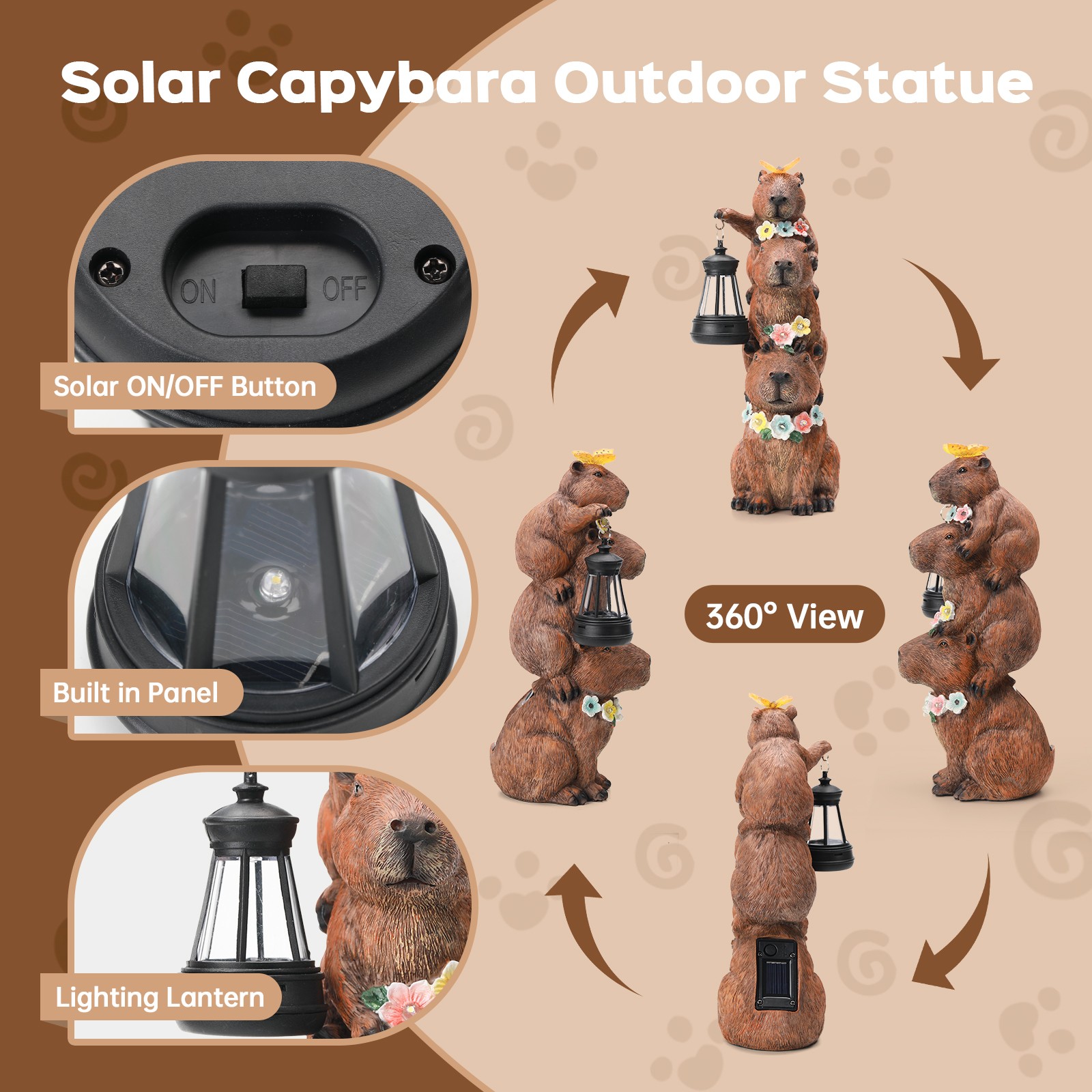 Solar-Powered Capybara Statue with LED Lights & Flowers - Outdoor Decor