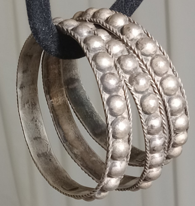 *LOT 3 ANTIQUE VINTAGE STERLING SILVER DOME BANGLE BRACELETS HANDMADE MEXICO 57g