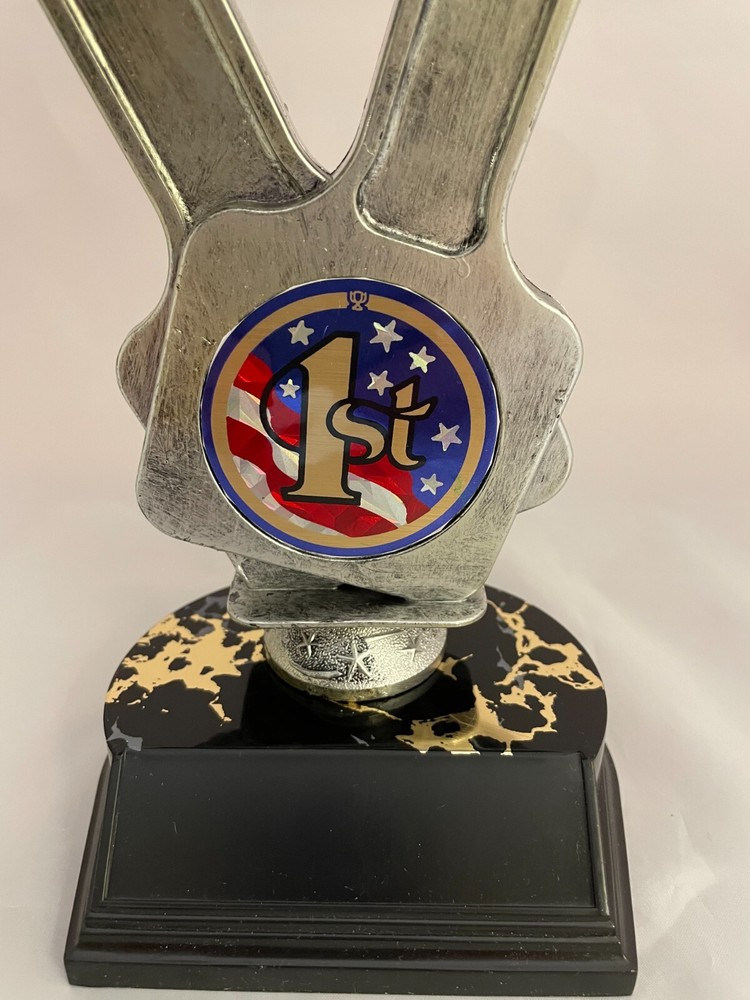 9" TALL DOUBLE PISTON TROPHY WITH BLACK BASE PERSONALIZED CAN ADD PLACE OR FLAG