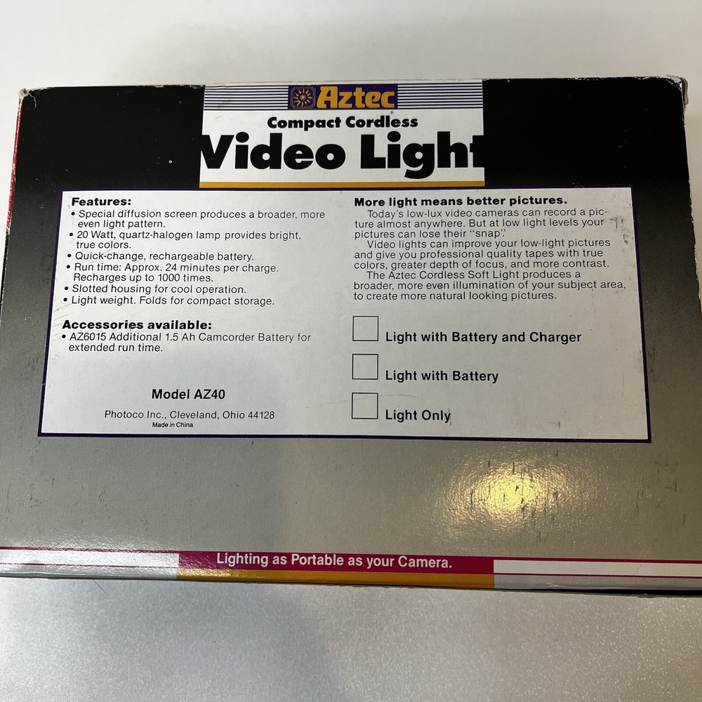 Aztec Cordless Deluxe Video Light with Built-In Battery - Vintage - untested