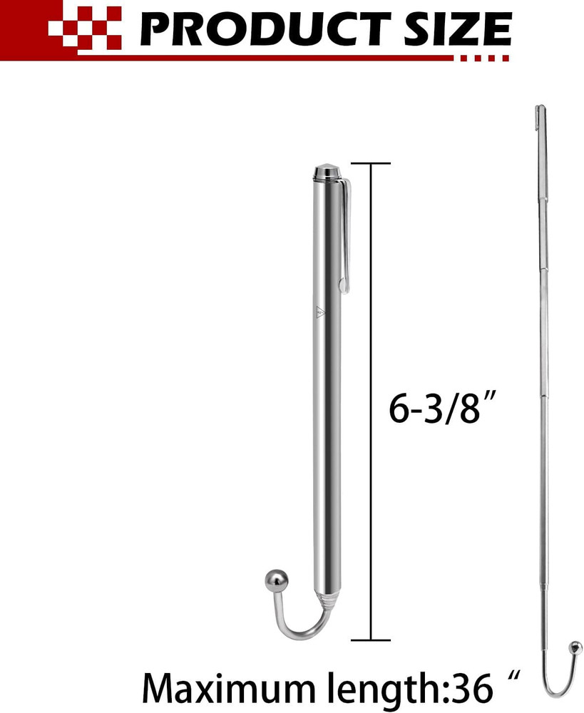 Telescoping Wire Reacher Pole, 36" Extended, 6.375" Collapsed, Hook & Clip