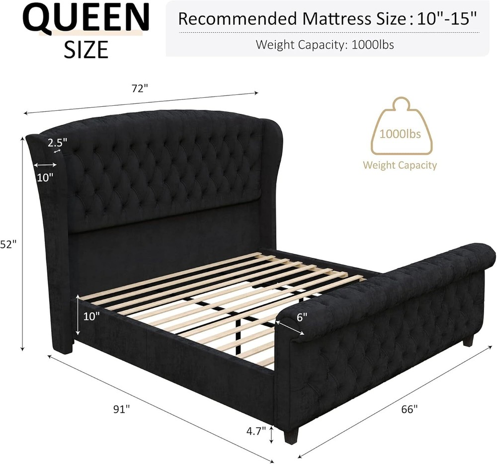 Queen Platform Bed Frame, Chenille Upholstered Sleigh Bed w/Tufted Wingback
