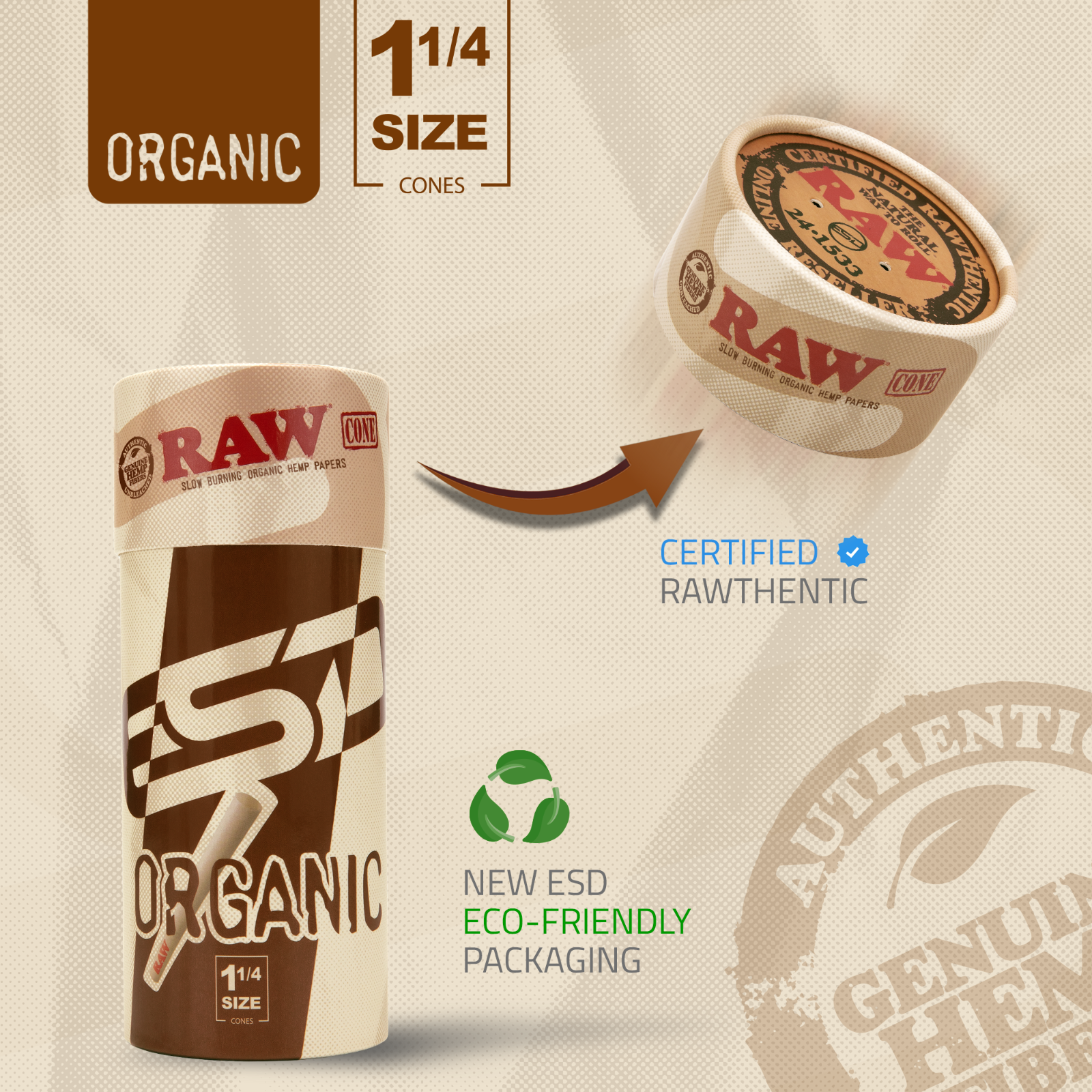 RAW Organic 1 1/4 Size Pre-Rolled Cones | 100 Pack | Slow Burning Papers