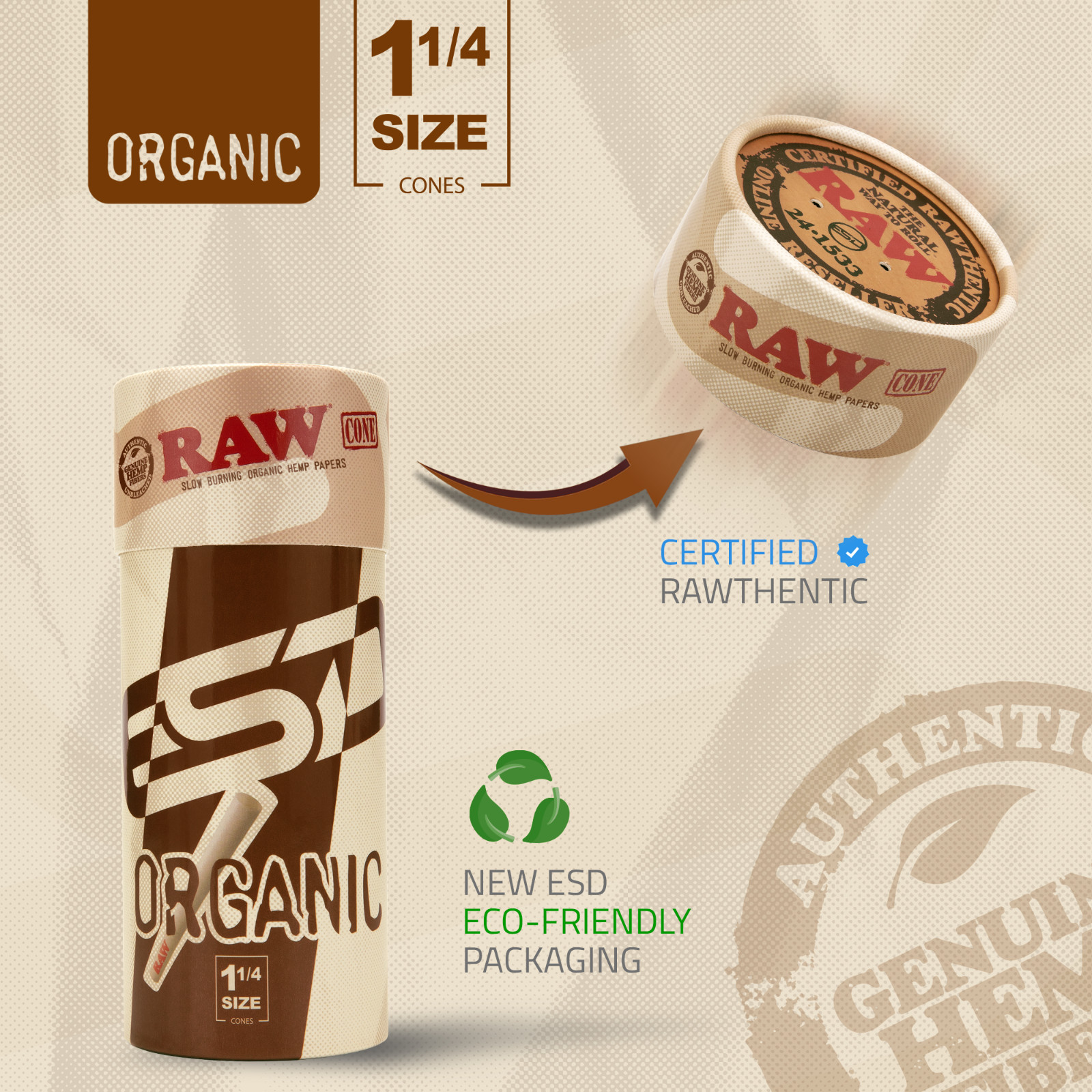 RAW Organic 1 1/4 Size Pre-Rolled Cones | 150 Pack | Slow Burning Papers