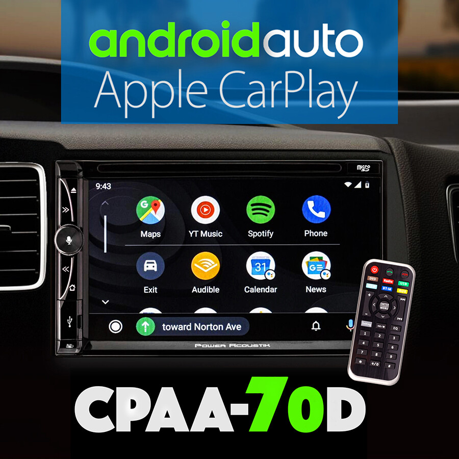 POWER ACOUSTIK DOUBLE DIN 7" DVD PLAYER USB APPLE CARPLAY ANDROID AUTO CPAA-70D
