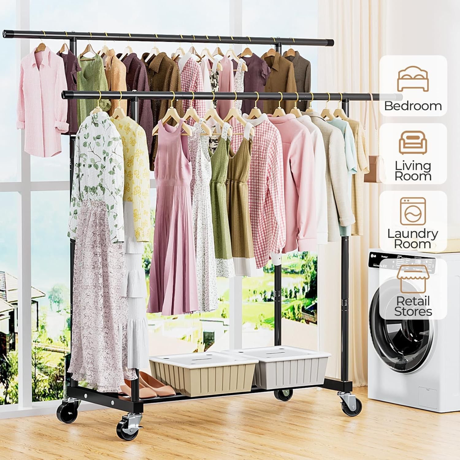 Abiglifty Double Rods Clothes Rack for Hanging Clothes Clothing Rack with Wheels