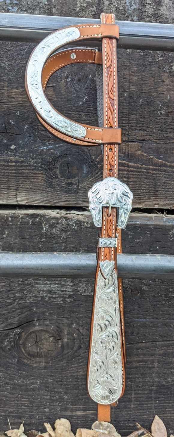 Western Silver Show Headstall - Double Ear - Wide Ranch Cheek - Medium Oil