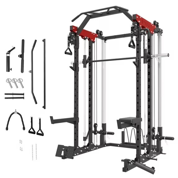 Mikolo Smith Machine, 2000LBS Power Cage Squat Rack with Smith Bar, Two LAT Pull