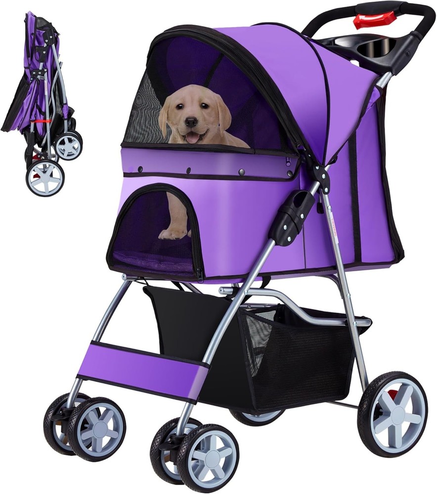 Foldable Pet Stroller 4 Wheels Strolling Cart for Medium/Small Dogs Cats