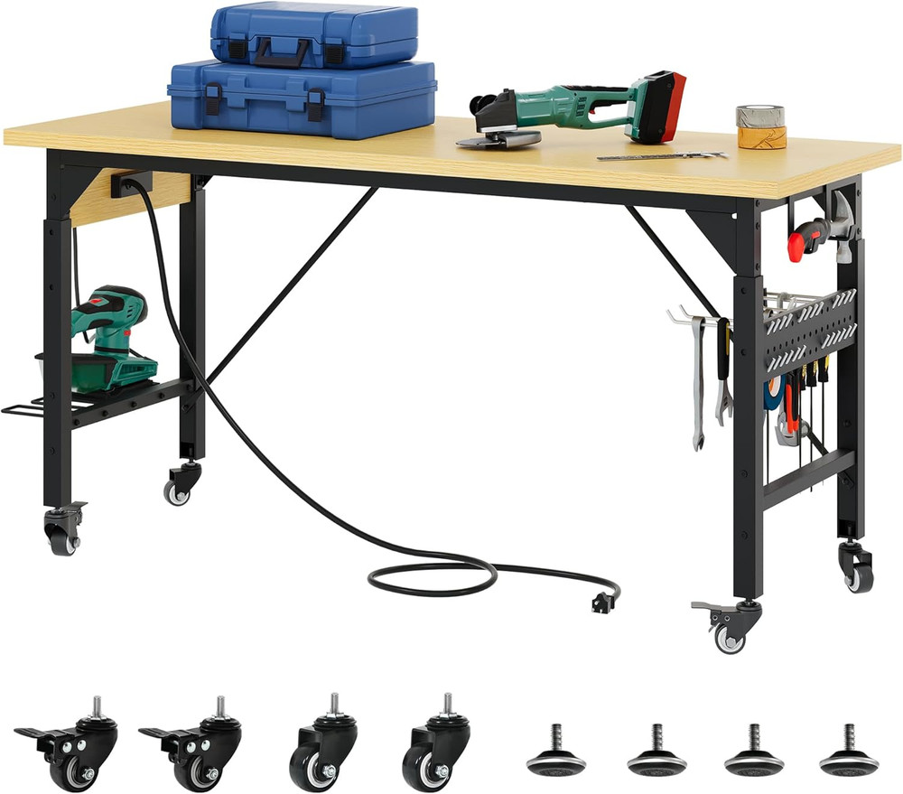 60" Adjustable Workbench on Wheels, Garage Tool Work Bench with Outlets & Wheels