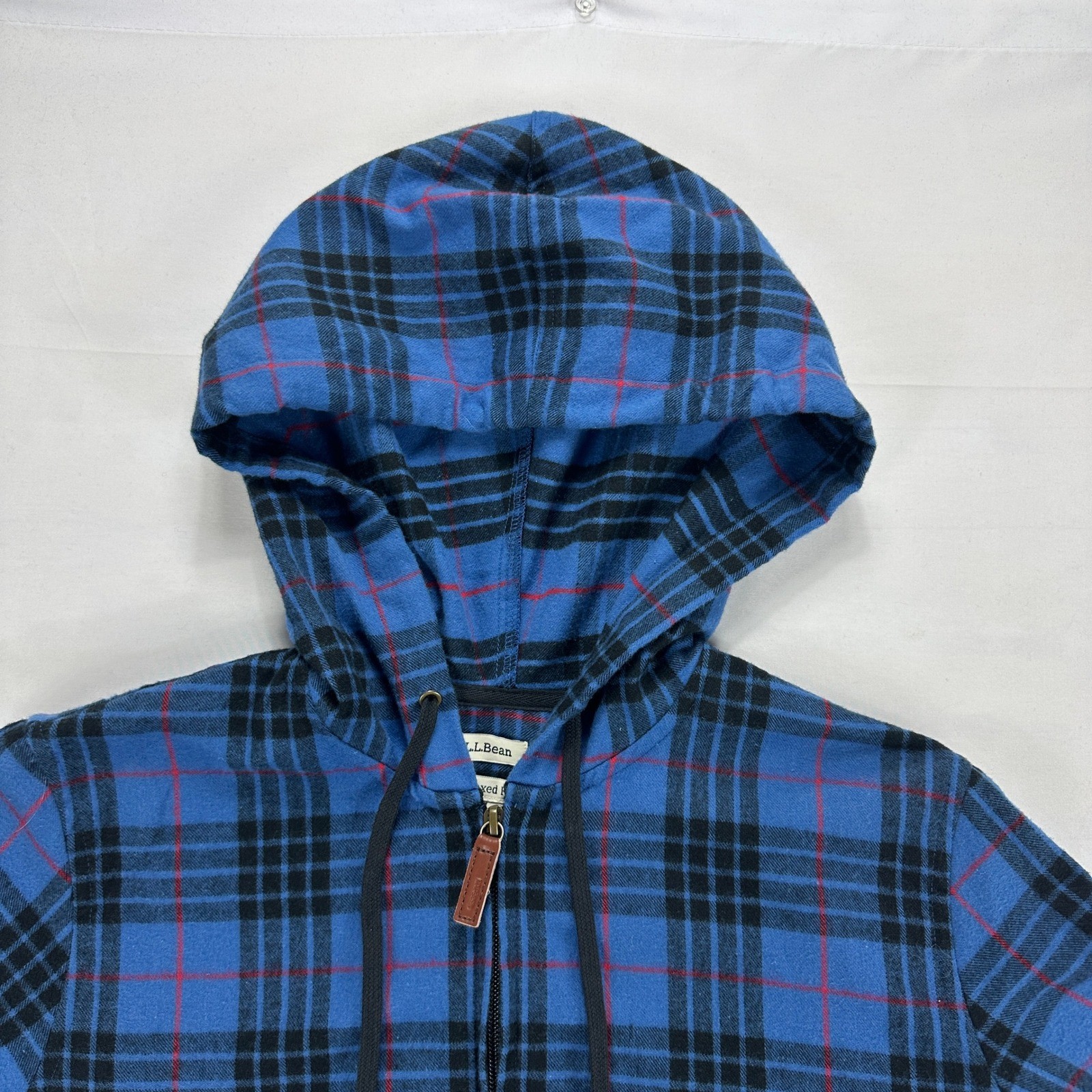 L.L. Bean Flannel Hoodie Blue Black Plaid Cotton Pullover Relaxed Fit Mens Small